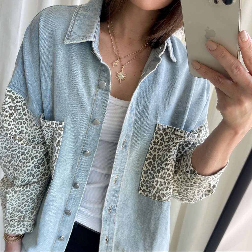 Leopard Button-Down Denim Shirt - Picture 3 of 10